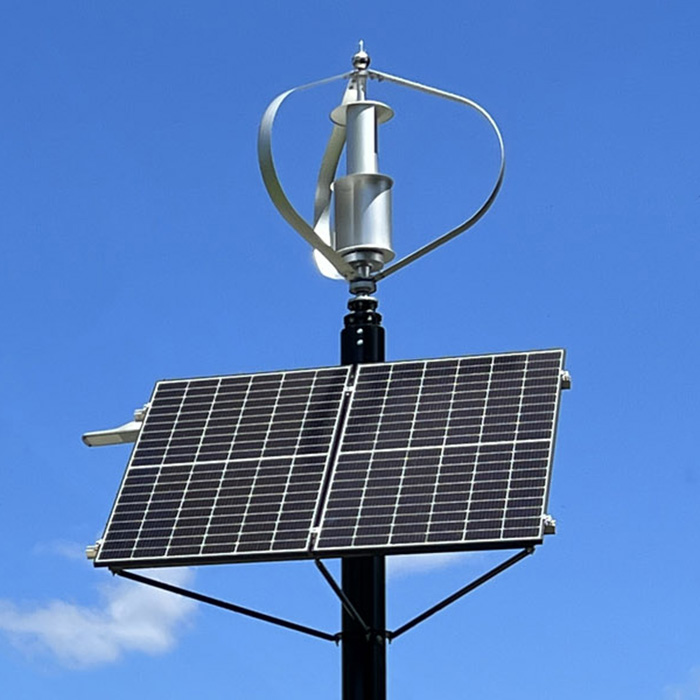 Aura Clean Energy's 600W Turbine and Solar Panel Mounted on a Pole in Silver